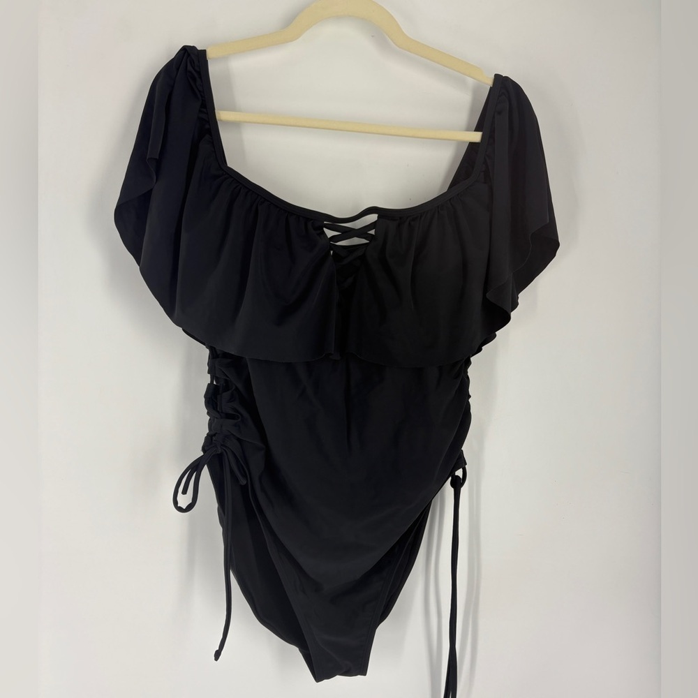 Rue+ Black Lace-Up Sides & Criss-Cross Front One-Piece Bathing Swimsuit- 1X - Picture 1 of 5